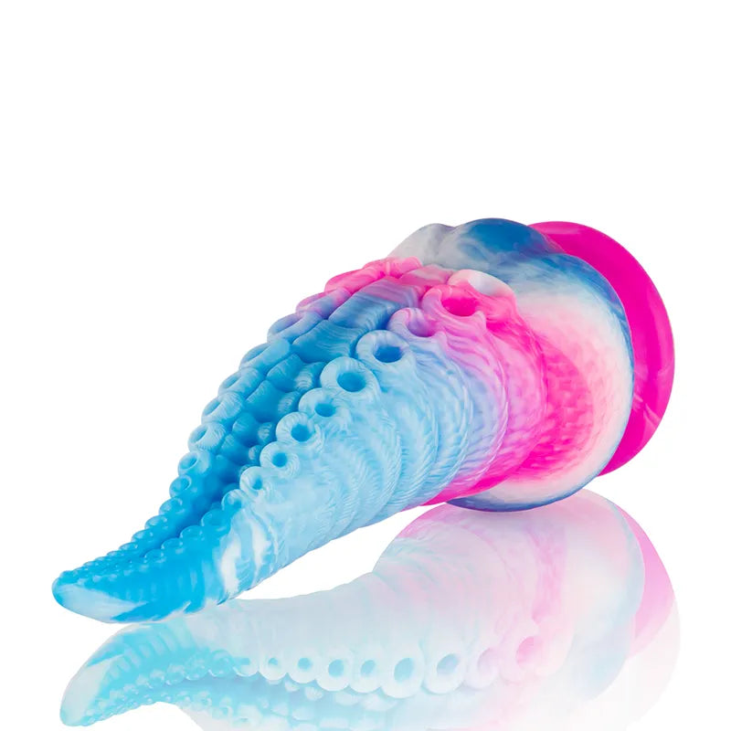 Gode mythologique en silicone bleu et rose, texturé et ergonomique, inspiré des légendes grecques pour stimulation sensori...