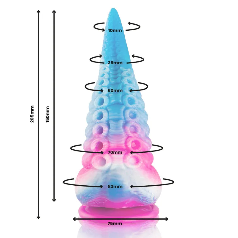 Gode mythologique en silicone bleu et rose, texturé et ergonomique, inspiré des légendes grecques, dimensions visibles.