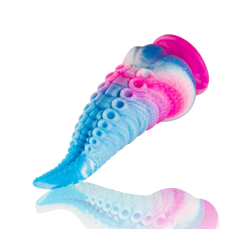 Gode mythologique en silicone bleu et rose, texturé, forme ergonomique et esthétique, inspiré des légendes grecques.