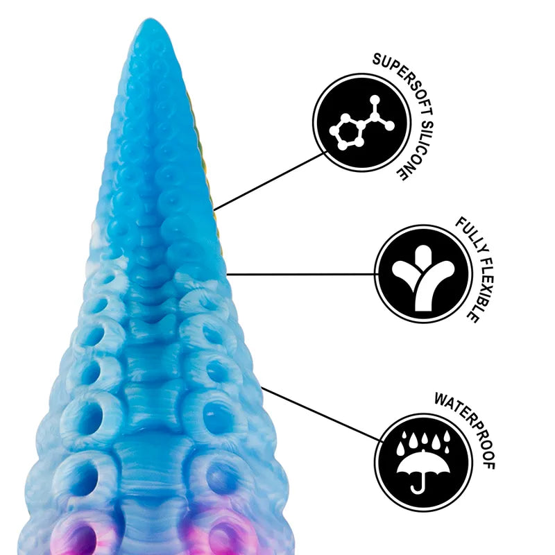 Gode silicone bleu inspiré mythologie grecque, embout fin texturé, ergonomique, moderne, stimulation ciblée.
