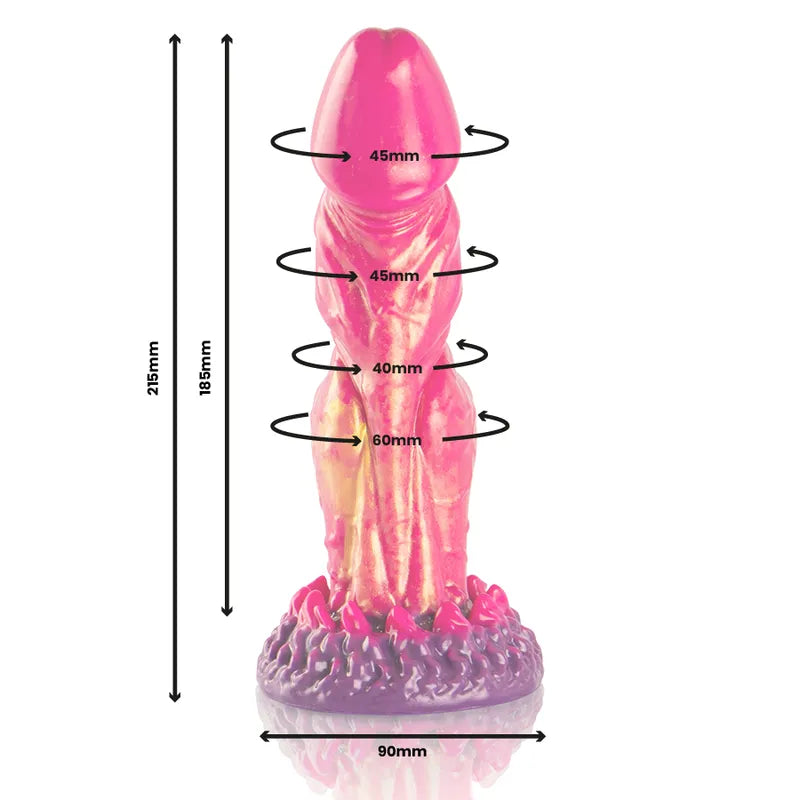 Gode mythologique Cerbère en silicone, trois têtes, rose et violet, texture réaliste, dimensions et poids indiqués.