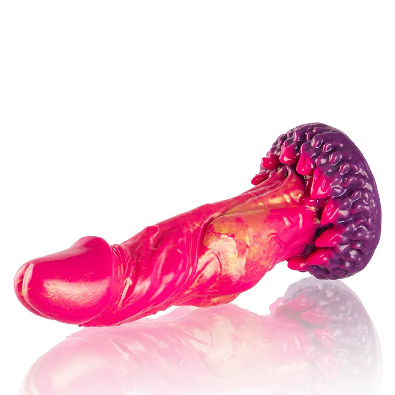Gode mythologique Cerbère en silicone, trois têtes, texture réaliste, rouge et violet, design inspiré de la mythologie gre...