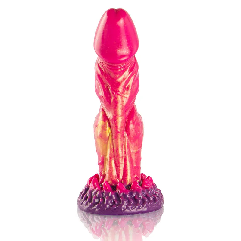 Gode mythologique Cerbère en silicone, couleur rose et doré, trois têtes, texture réaliste, base violette, 215mm.