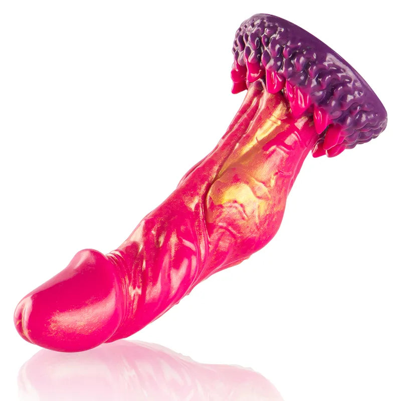Gode mythologique Cerbère en silicone, trois têtes, texture réaliste, couleurs vives rouge et violet, design épique.