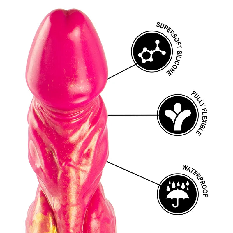 Gode mythologique Cerbère en silicone rose et doré, trois têtes, texture réaliste, 215mm, flexible et waterproof.