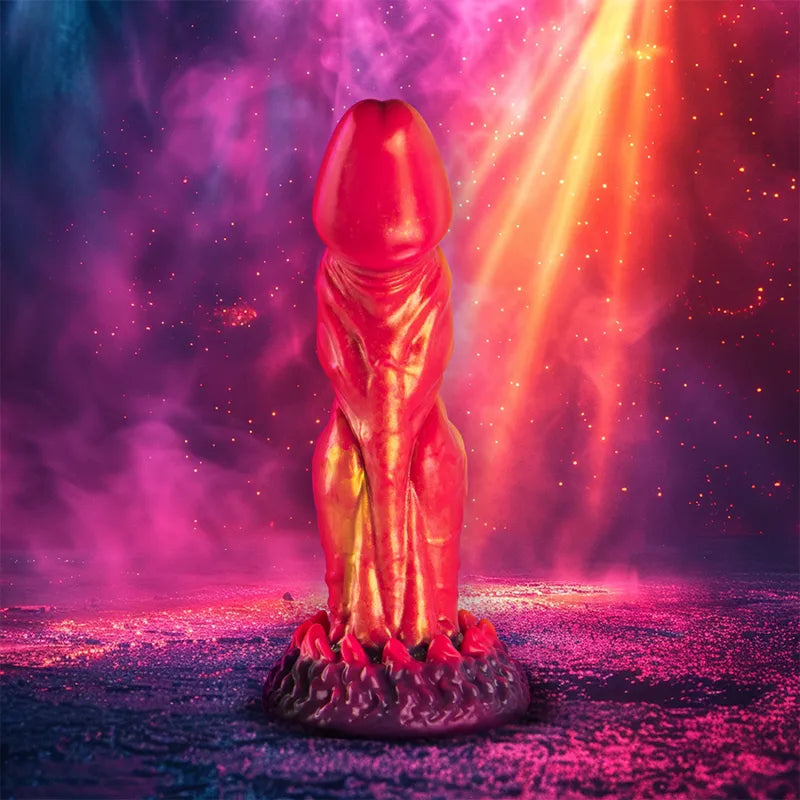 Gode mythologique Cerbère en silicone rouge, trois têtes, texture réaliste, sur fond coloré et lumineux.