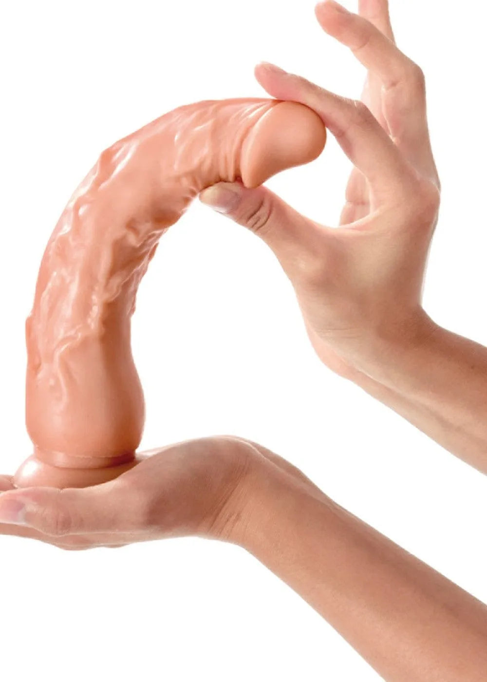 Gode plug anal réaliste beige avec texture veineuse, ventouse puissante, 21cm de long, 4.2cm de diamètre, sans phtalates.