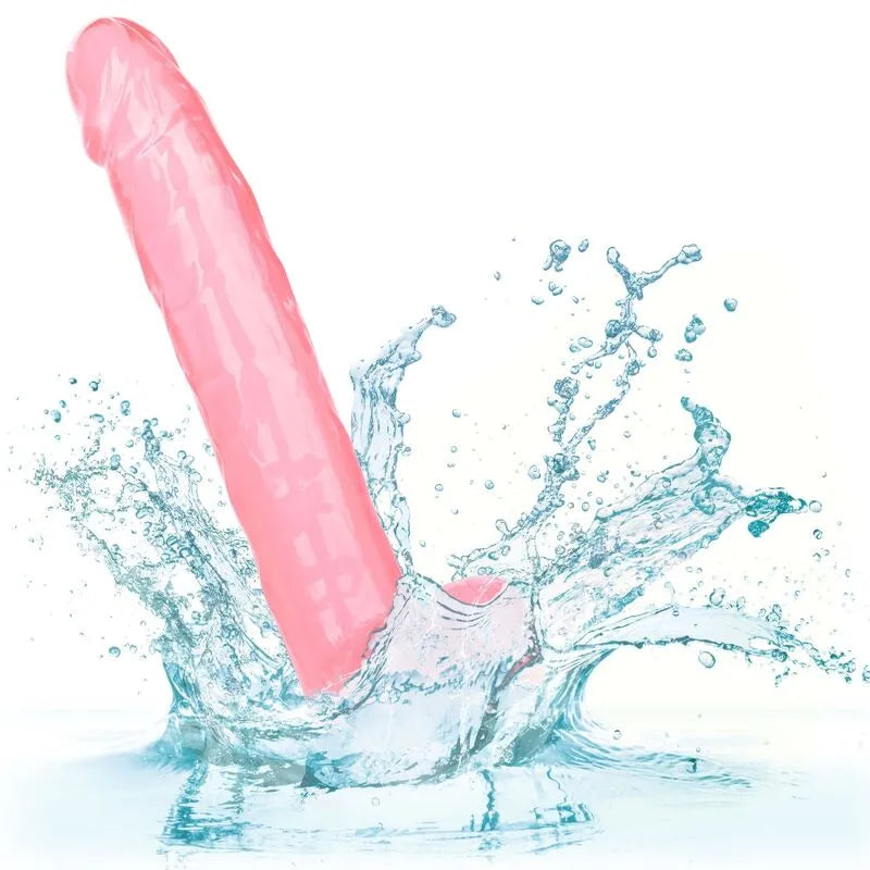 Gode réaliste rose 10 pouces avec ventouse, texture détaillée, immergé dans l'eau, fabriqué en TPR souple et ferme.