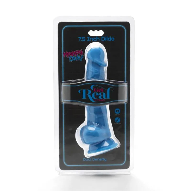 Gode réaliste bleu 19cm avec ventouse solide, texture douce, boules en peluche, silhouette naturelle, emballage transparent.