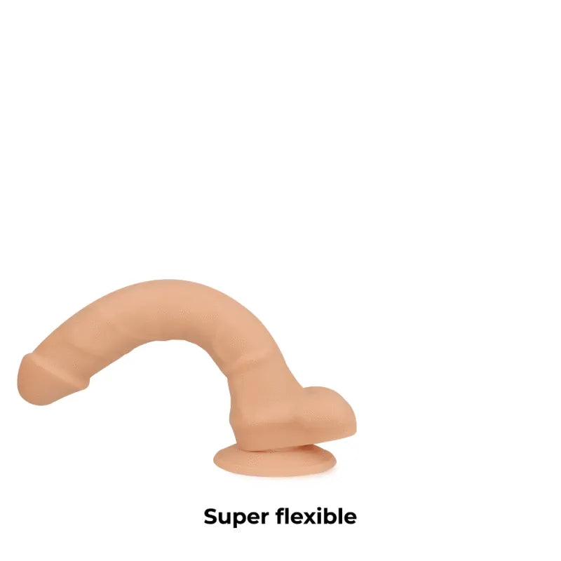 Gode articulable silicone double densité réaliste, couleur chair, ventouse, flexible, hypoallergénique, compatible harnais.