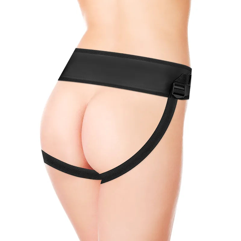 Harnais cuir synthétique noir, sangles nylon ajustables, détails métalliques, ergonomique, compatible godes, confort unive...