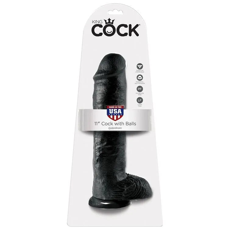 Gode réaliste noir avec testicules, ventouse puissante, 28cm, sans latex ni phtalates, fabrication américaine artisanale.