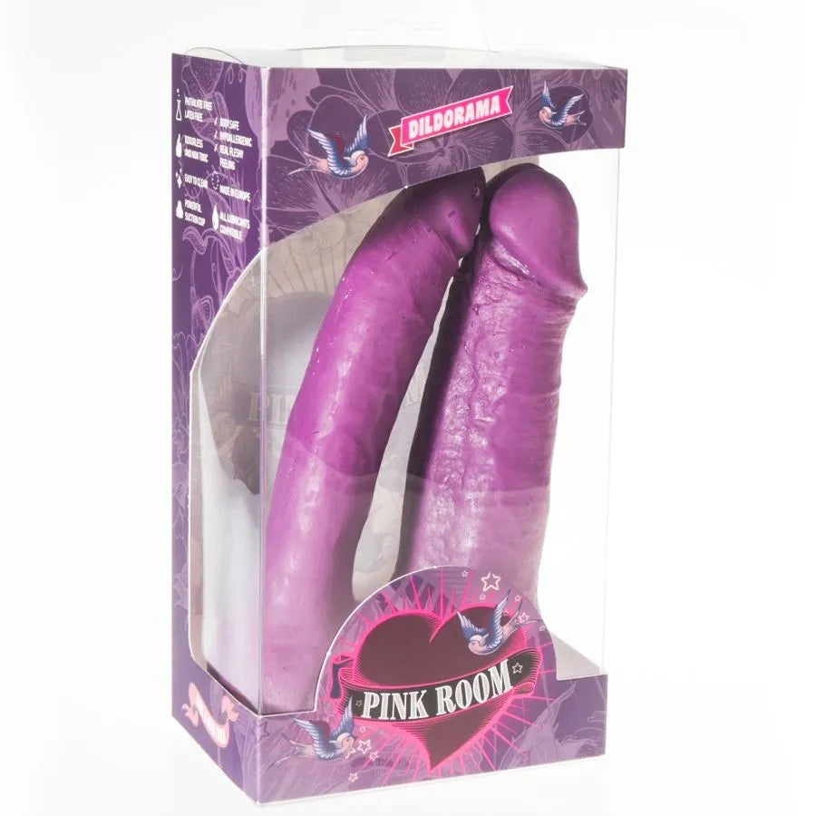 Gode réaliste violet avec ventouse puissante, texture naturelle, en PVC hypoallergénique, sans phtalates, en boîte.