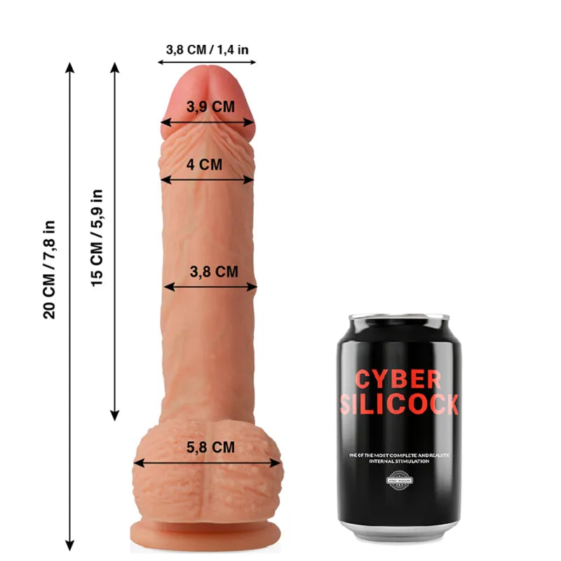 Gode réaliste cybersilicium beige avec ventouse, texture détaillée, dimensions indiquées, à côté d'une canette pour échelle.