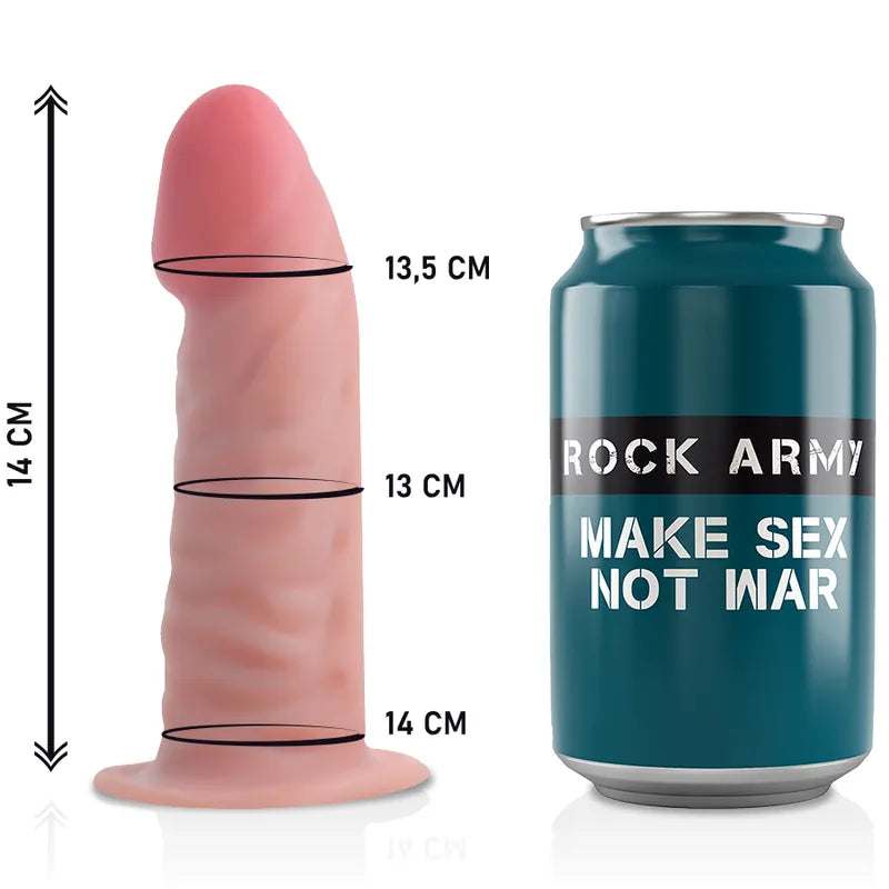 Gode réaliste rose double densité 14 cm avec ventouse, texture veinée, à côté d'une canette Rock Army pour comparaison.