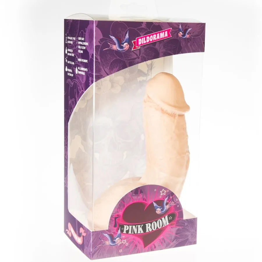 Gode réaliste Elian beige avec ventouse, en PVC hypoallergénique, dans un emballage transparent et rose.