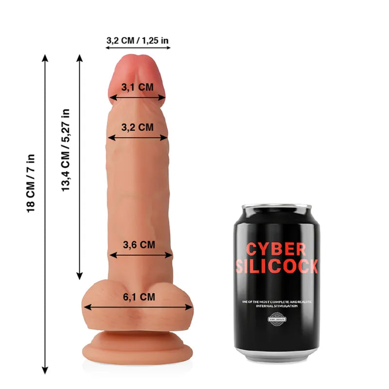 Gode réaliste cybersilicium peau sculptée 18cm, ventouse base testicules, couleur chair, gland détaillé, pour douche.