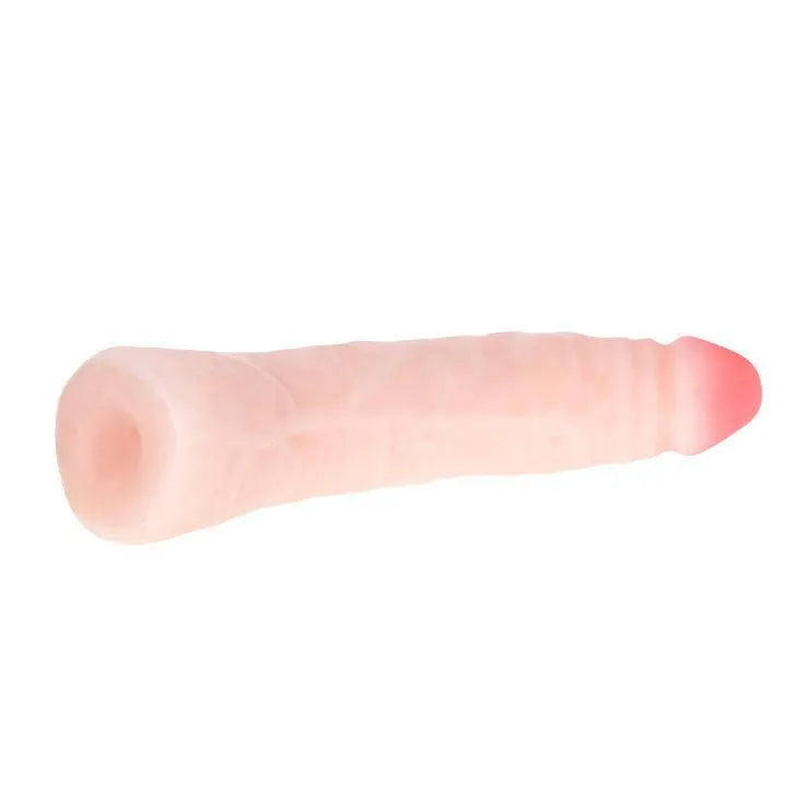 Gode réaliste en silicone rose clair avec ventouse, texture souple, idéal pour douche, dimensions 19cm x 34mm.