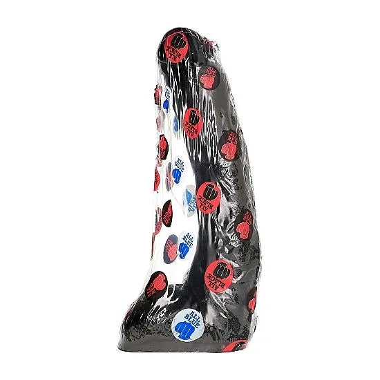 Gode réaliste noir en PVC hypoallergénique, texture douce, testicules réalistes, emballé sous film plastique.