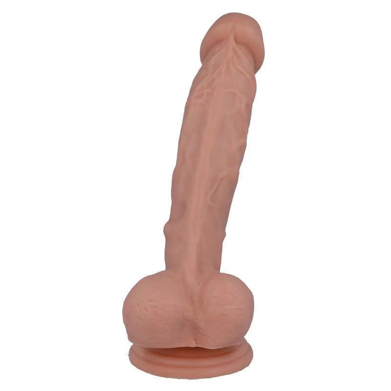 Gode réaliste hypoallergénique beige avec ventouse puissante, texture peau douce, dimensions 22cm x 3cm, flexible.