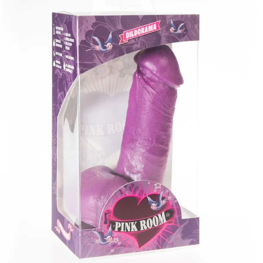 Gode réaliste violet avec ventouse puissante, 16 cm, hypoallergénique, sans phtalates ni latex, dans emballage transparent.