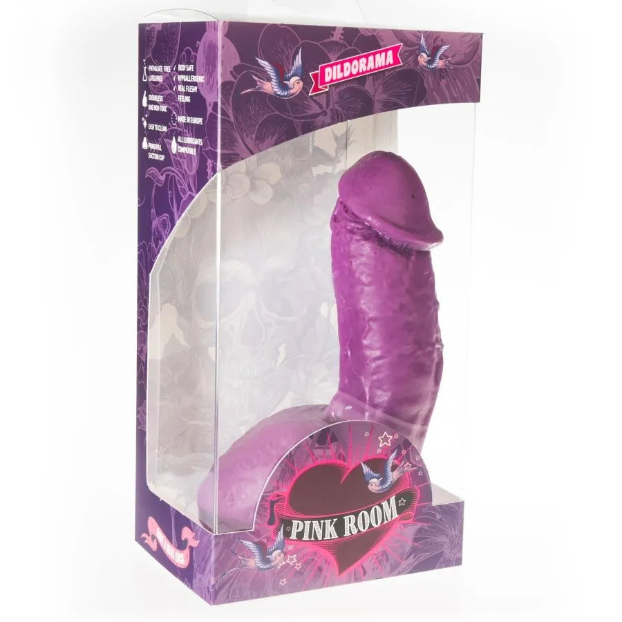 Gode réaliste violet avec ventouse, texture détaillée, emballage transparent, PVC hypoallergénique, sans phtalates.