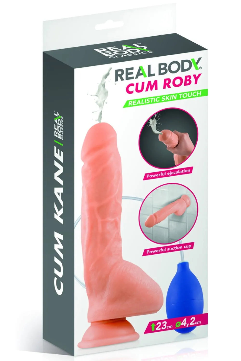 Gode réaliste éjaculateur rose en silicone avec ventouse, texture peau, dans boîte avec pompe liquide bleue.