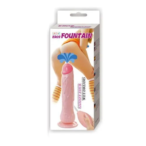 Dildo réaliste rose avec ventouse, texture douce, fonction éjaculation simulée, emballage illustré, fixation mains libres.