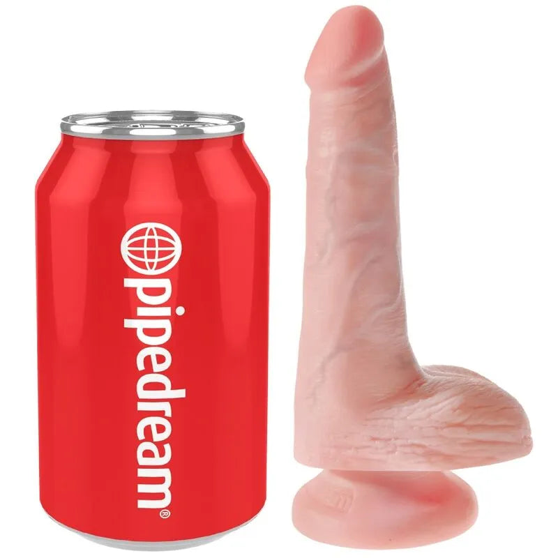 Gode réaliste King Cock rose avec texture veineuse, tête sculptée, base ventouse, à côté d'une canette rouge.