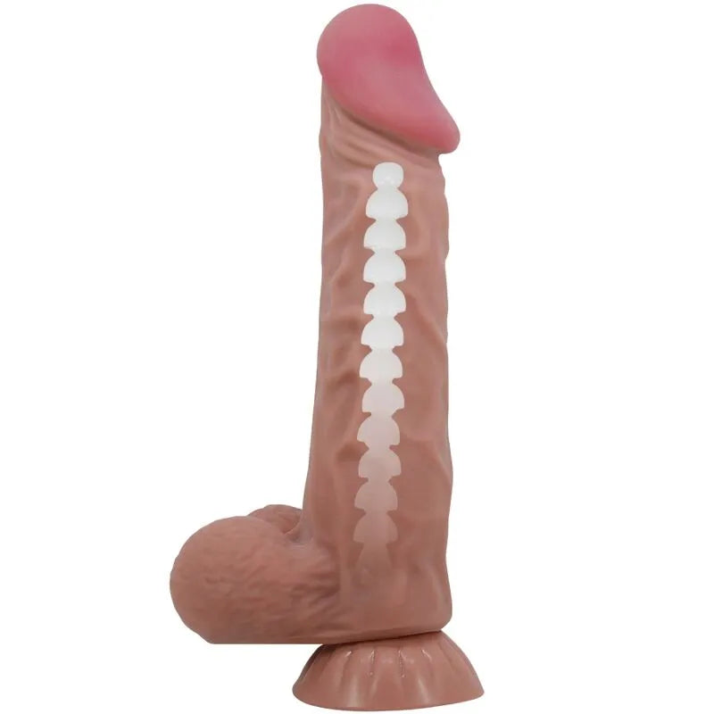 Gode réaliste marron avec ventouse, texture veineuse, TPR souple, fixation puissante, étanche, sensation authentique.