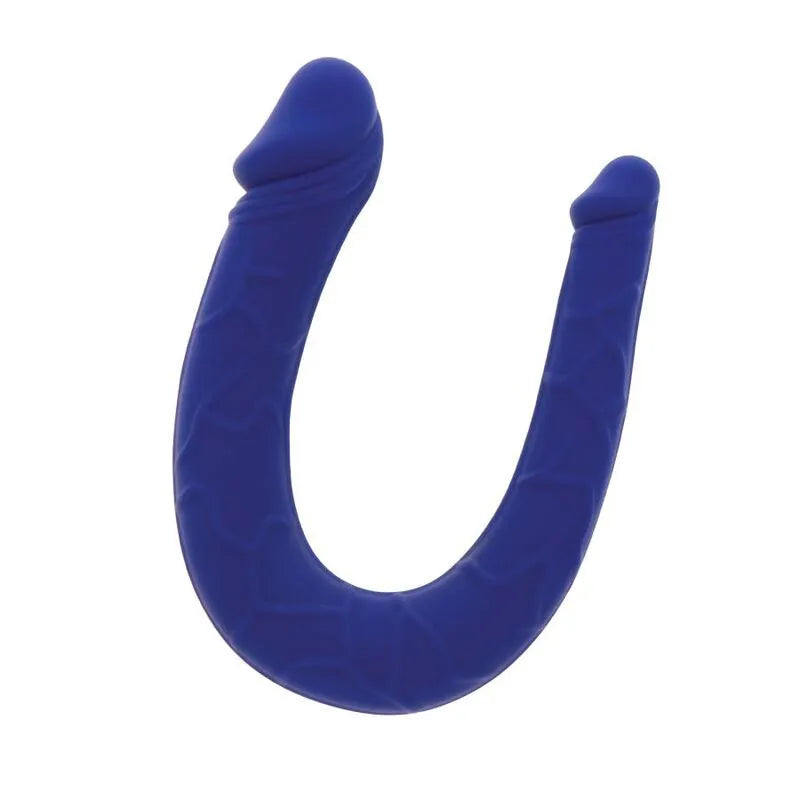 Gode bleu double pénétration silicone veiné, compact et ergonomique pour plaisir réaliste, débutants et expérimentés.