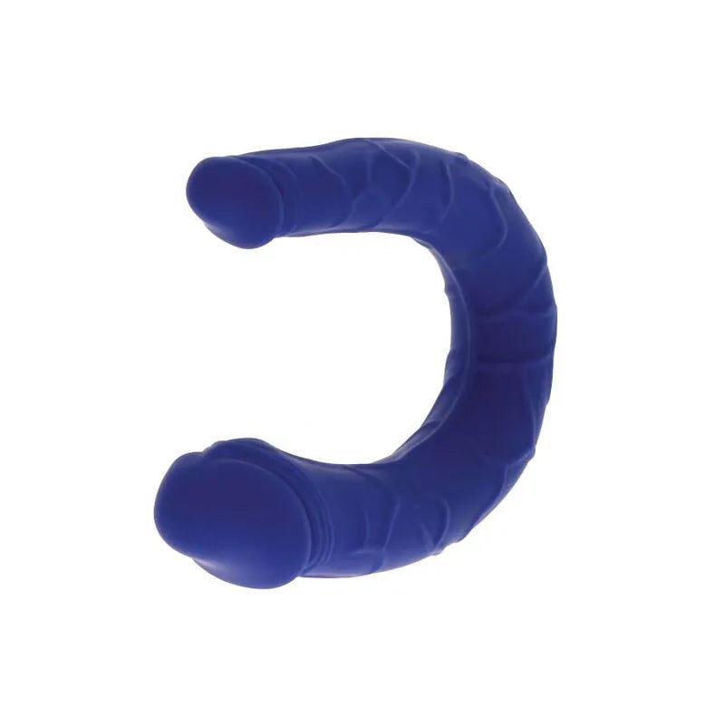 Gode réaliste bleu double pénétration en silicone veiné, compact et ergonomique, idéal pour débutants et expérimentés.