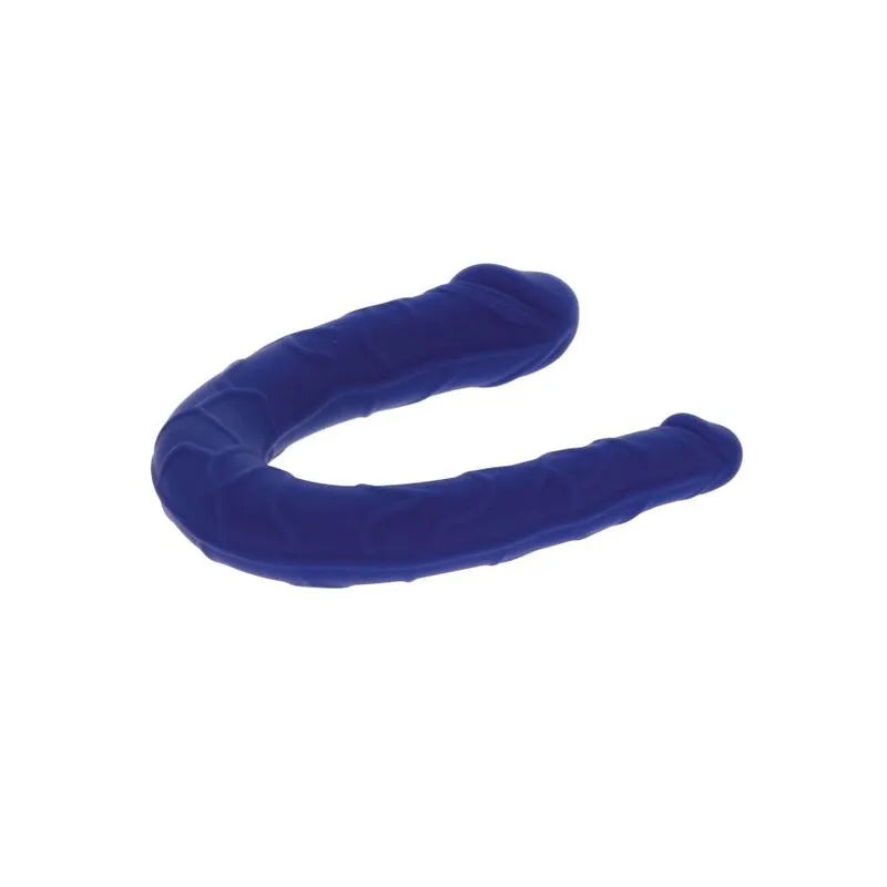 Gode réaliste double pénétration bleu, silicone veiné, compact et ergonomique, idéal débutants et expérimentés.
