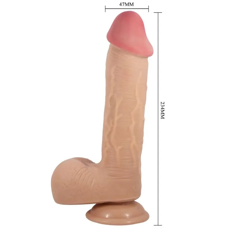 Gode réaliste peau coulissante, tête bulbeuse, tige veinée, boules texturées, ventouse puissante, couleur chair.