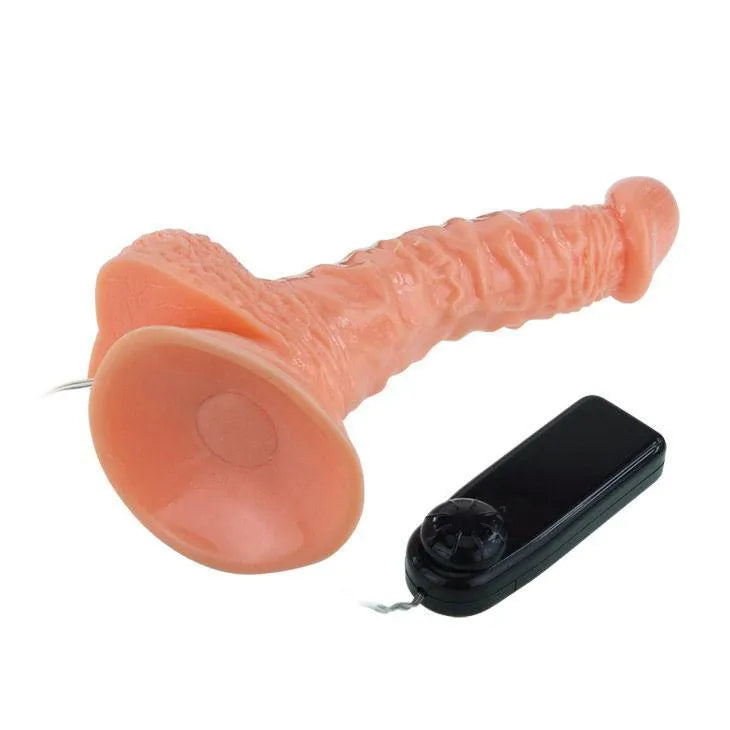 Gode réaliste marbré rose avec ventouse, tête bulbeuse, télécommande filaire; stimulation point G et vibrations réglables.
