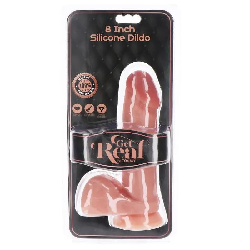Gode réaliste silicone 20cm, couleur chair, ventouse solide, détails sculptés, texture veiné, testicules, mains libres.