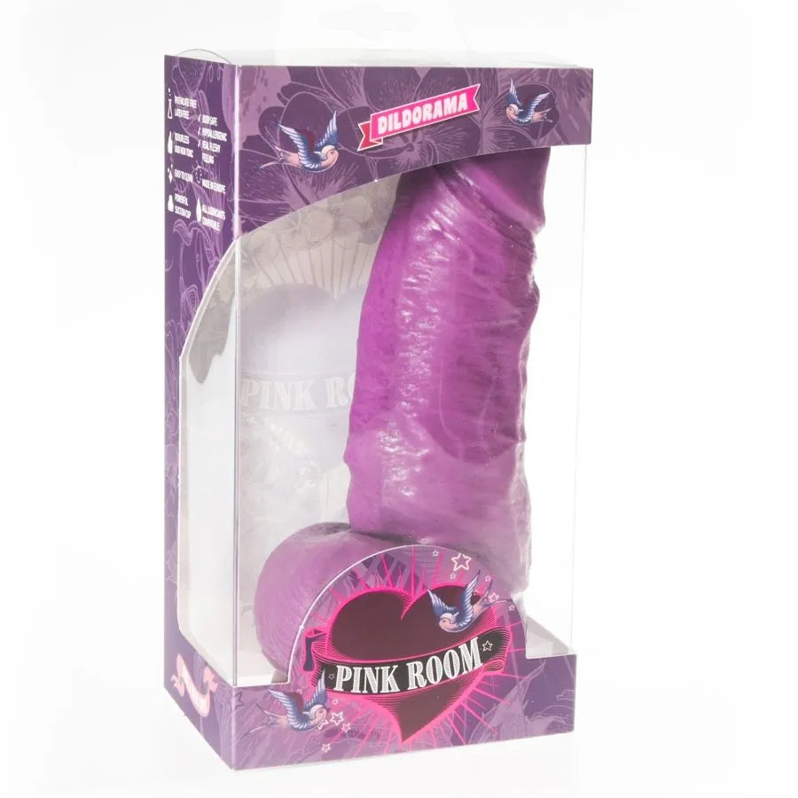 Gode réaliste violet silicone hypoallergénique avec ventouse puissante, texture veinée, dans emballage transparent.
