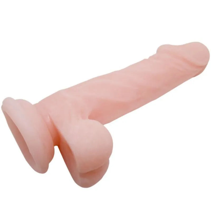 Gode réaliste rose en TPR avec ventouse, texture veinée, longueur généreuse, testicules flexibles, sensation naturelle.