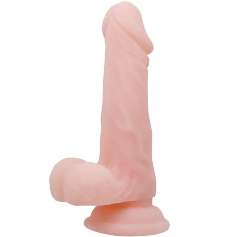 Gode réaliste rose en TPR avec ventouse, texture veinée, testicules flexibles, pour sensations naturelles et stabilité.