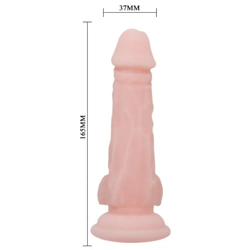 Gode réaliste rose en TPR avec ventouse, texture veinée, testicules flexibles, longueur 165mm, diamètre 37mm.