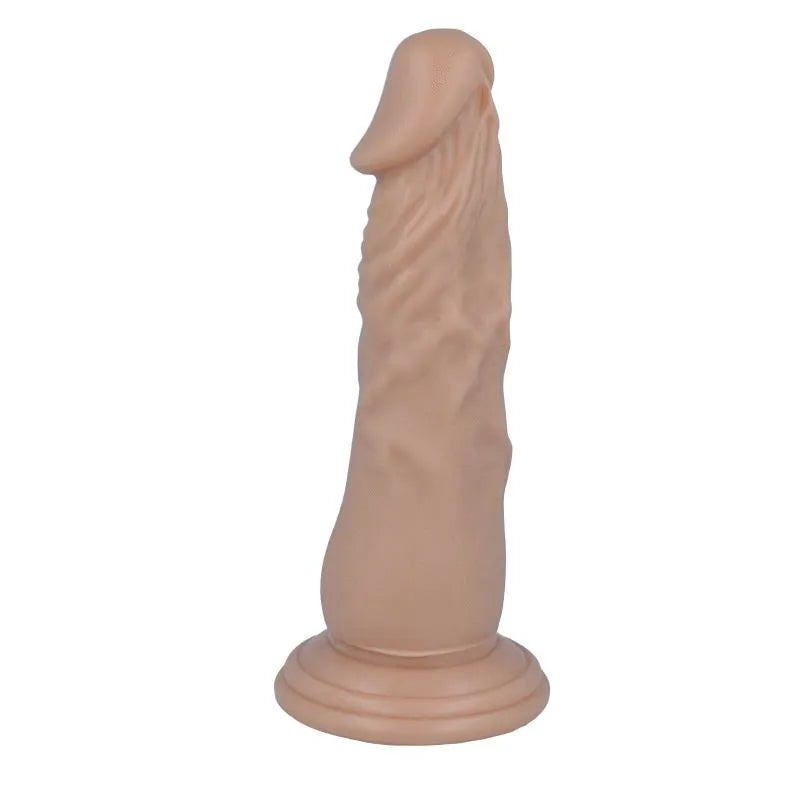 Gode réaliste souple beige avec ventouse, texture peau authentique, 16,6 cm, fixation mains libres.
