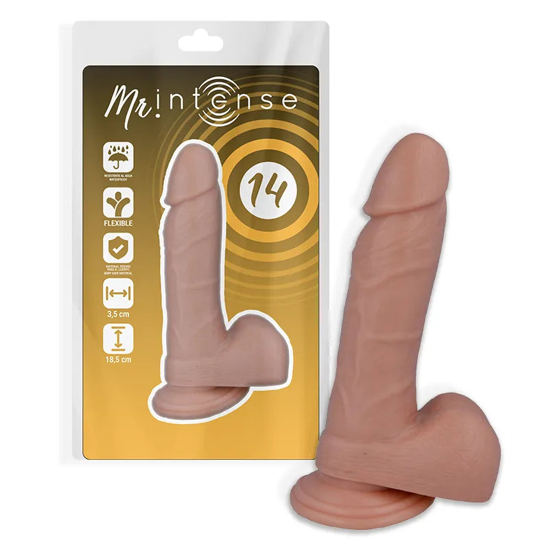 Gode réaliste ventouse, couleur peau, texture douce, flexible, caoutchouc PVC, ergonomique, emballage visible.