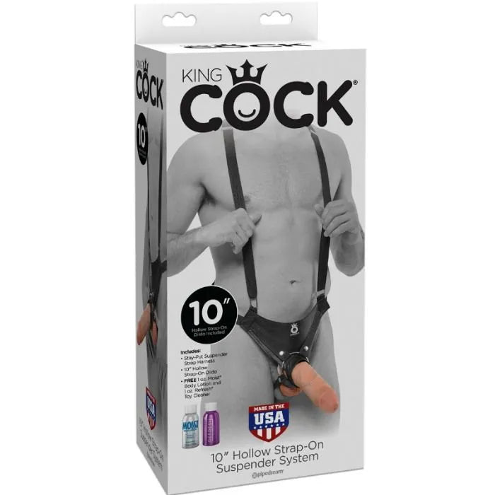 Gode réaliste creux 25cm, texture veineuse, harnais nylon réglable, couleur chair, emballage King Cock, fabriqué USA.