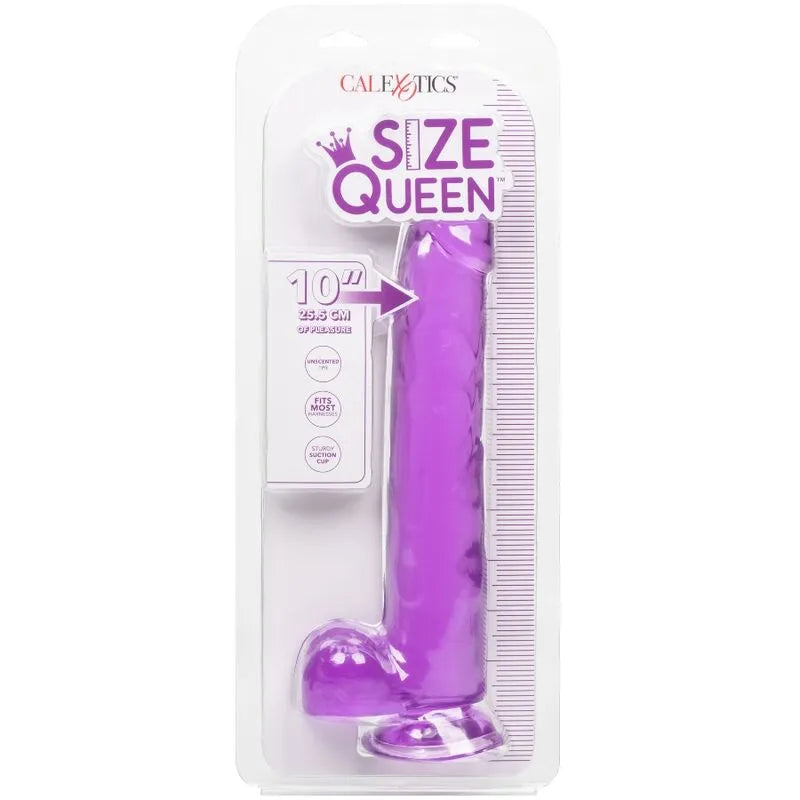 Gode réaliste violet 10 pouces avec ventouse puissante, texture ferme, compatible harnais, emballage blanc.