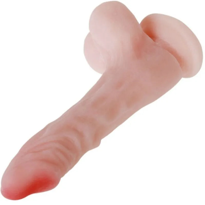Gode réaliste TPR couleur chair avec ventouse, texture véinée, testicules flexibles, pour pénétration vaginale et anale.