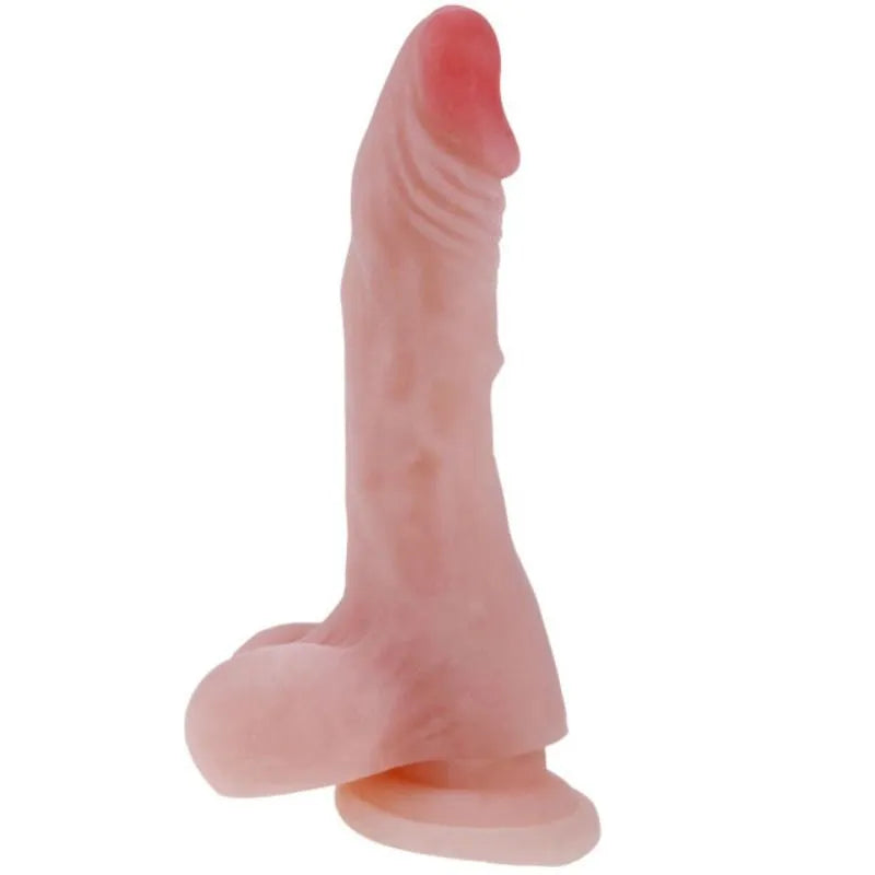Gode réaliste TPR rose avec ventouse, texture véinée, testicules flexibles, pour pénétration vaginale et anale.