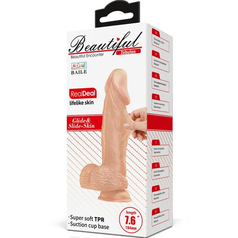 Gode réaliste TPR beige avec ventouse, texture veineuse, testicules, sur fond blanc, emballage détaillé.