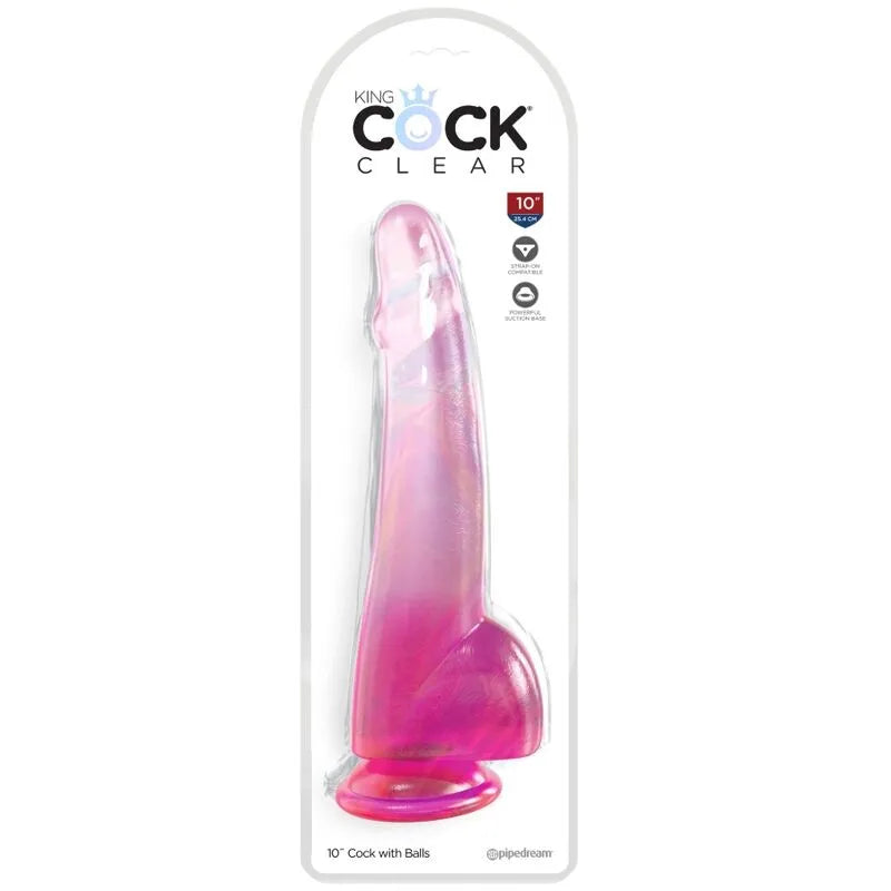 Gode réaliste translucide rose avec ventouse puissante, texture veinée, compatible harnais, longueur insérable 19 cm.