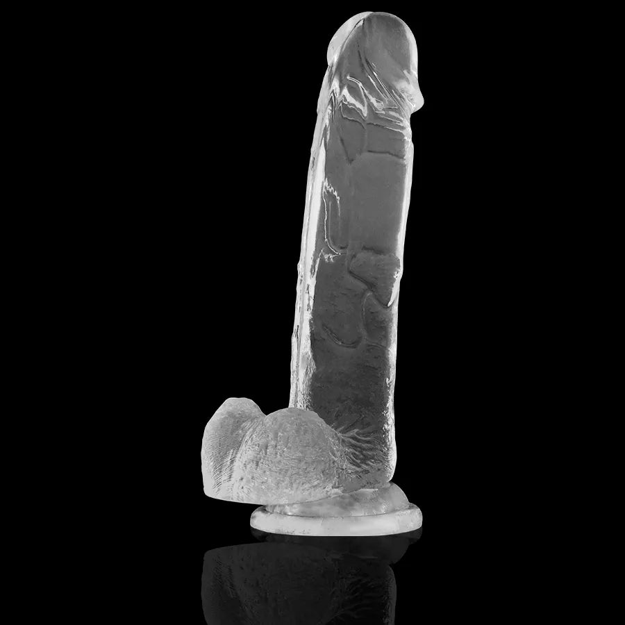 Gode réaliste transparent avec veines, tête sculptée, ventouse puissante, flexible, hypoallergénique, sans phtalates.