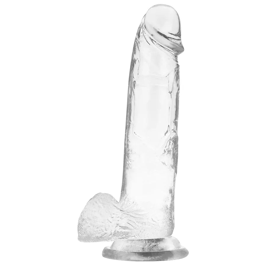 Gode réaliste transparent flexible avec veines et tête sculptée, ventouse puissante, texture soyeuse hypoallergénique.